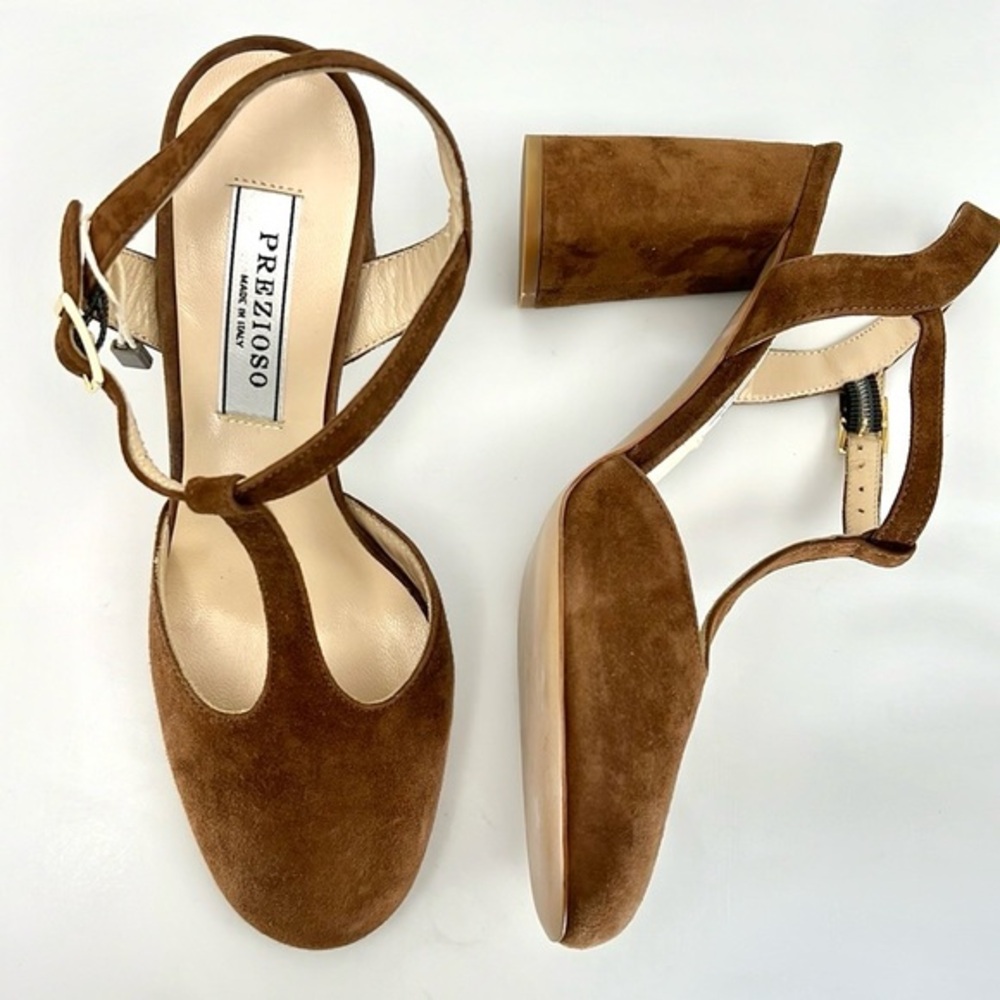 Made in Italy Brown Leather Suede T Strap Chunky Block Tapered Ankle Strap Heels